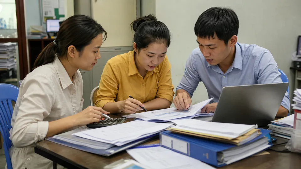 決算作業中のオフィス。三人が伝票の束と電卓を前に数字を突き合わせている。